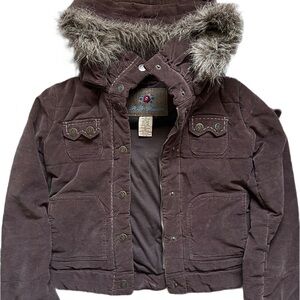 Bb Dakota Vintage Dark Brown Hooded Jacket with Faux Fur
